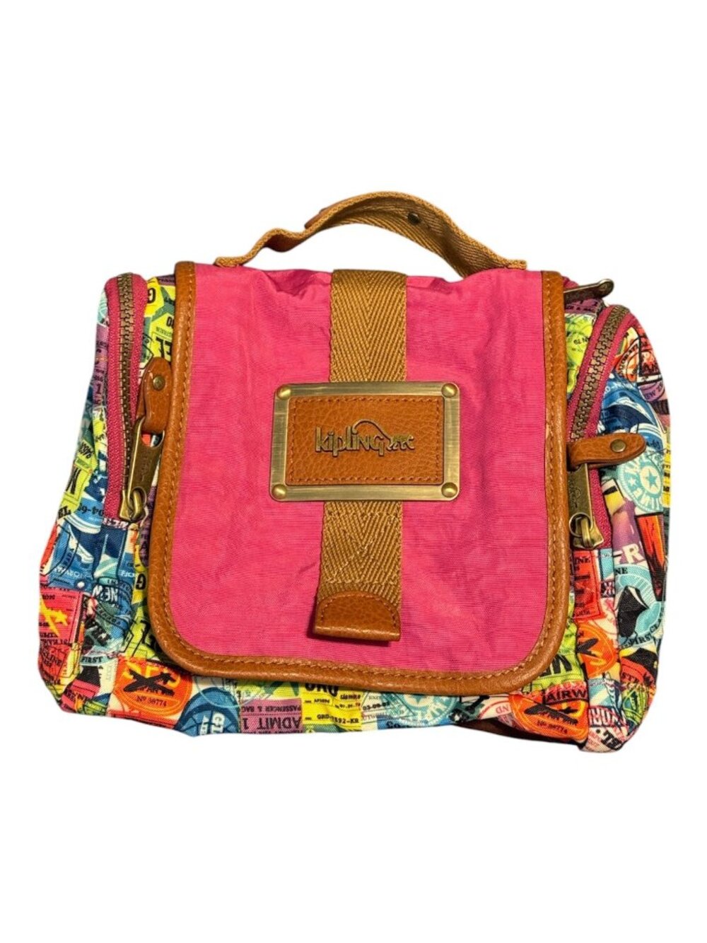 Kipling Women's Pink Graphic Travel Stamp Print Handbag Purse-No Strap Check Des